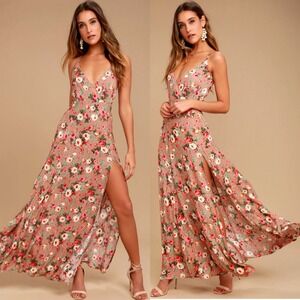Lulus Floral Maxi Dress‎ Slit V Neck Sleeveless Pink Red Roses Summer Size Large